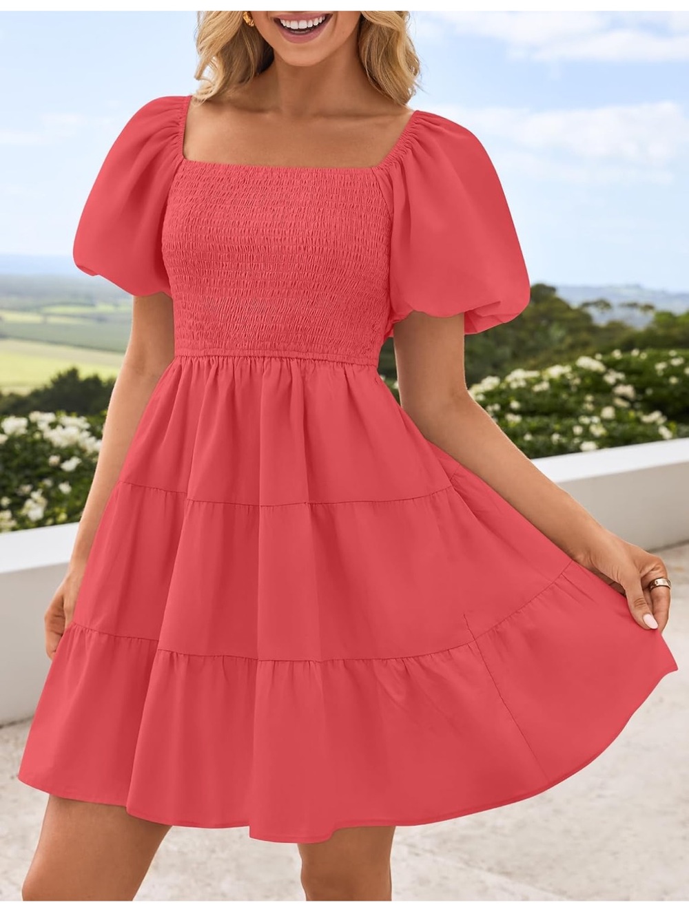Smocked Square Neck Puff Sleeve Coral Mini Dress